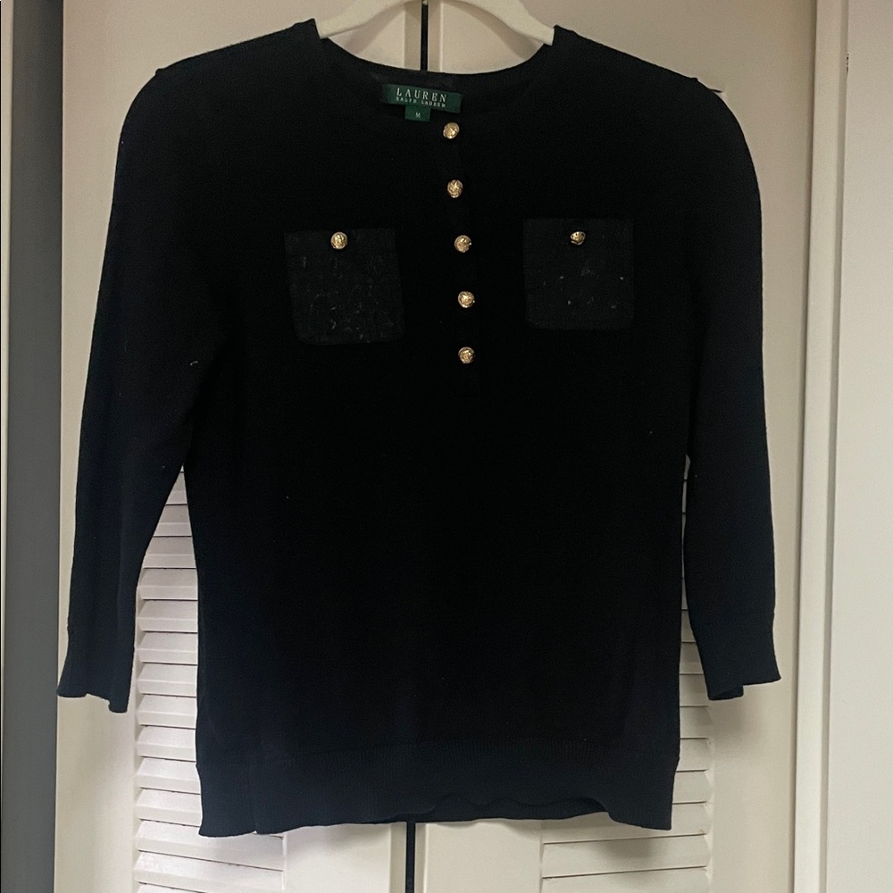 Lauren Ralph Lauren Black Knit Sweater with Gold Buttons